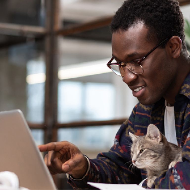 Man and cat at computer