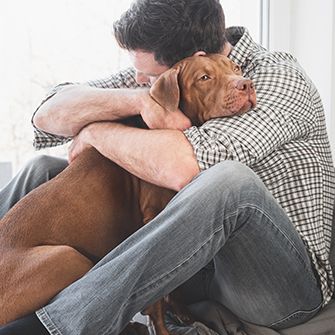 a man hugging a brown dog next to a window